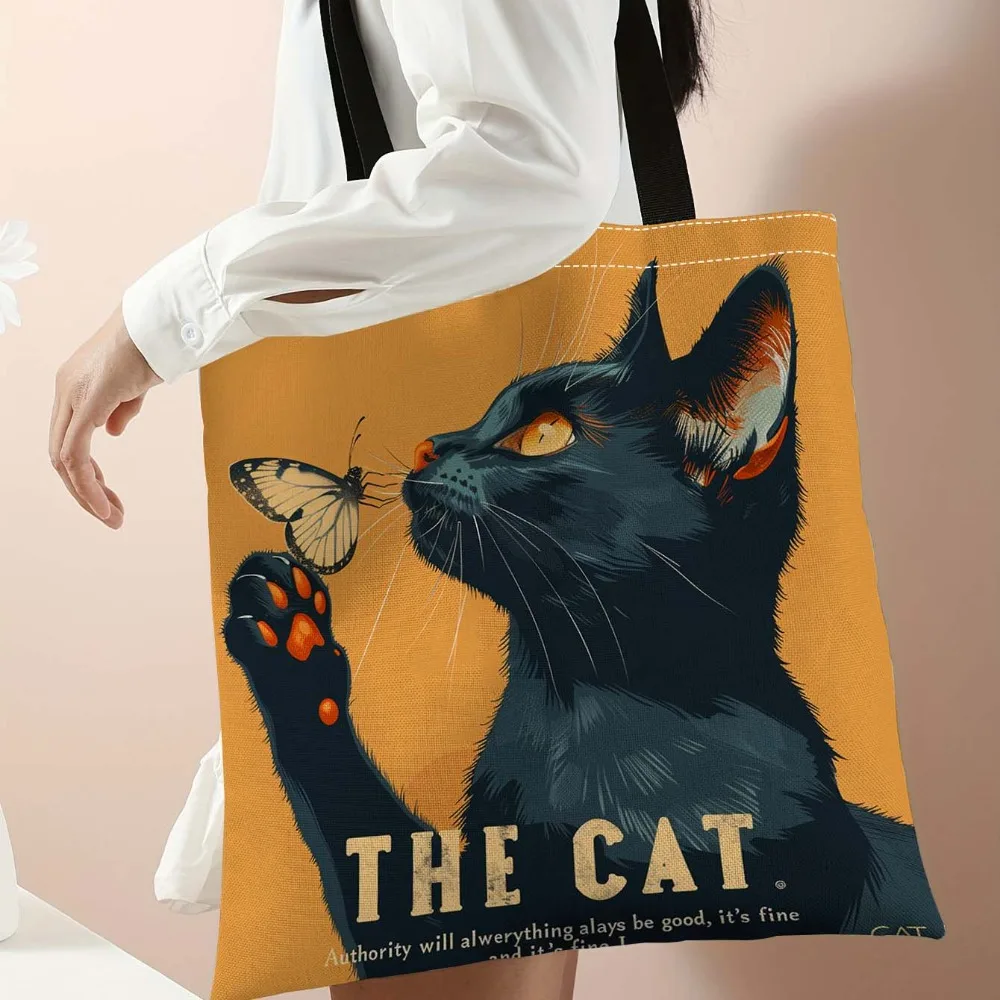 1pc Tote Bag 2D Flat Effect Ins Style Retro Orange Background Black Cat And Butterfly Printed Large Capacity Handbag 35x40cm