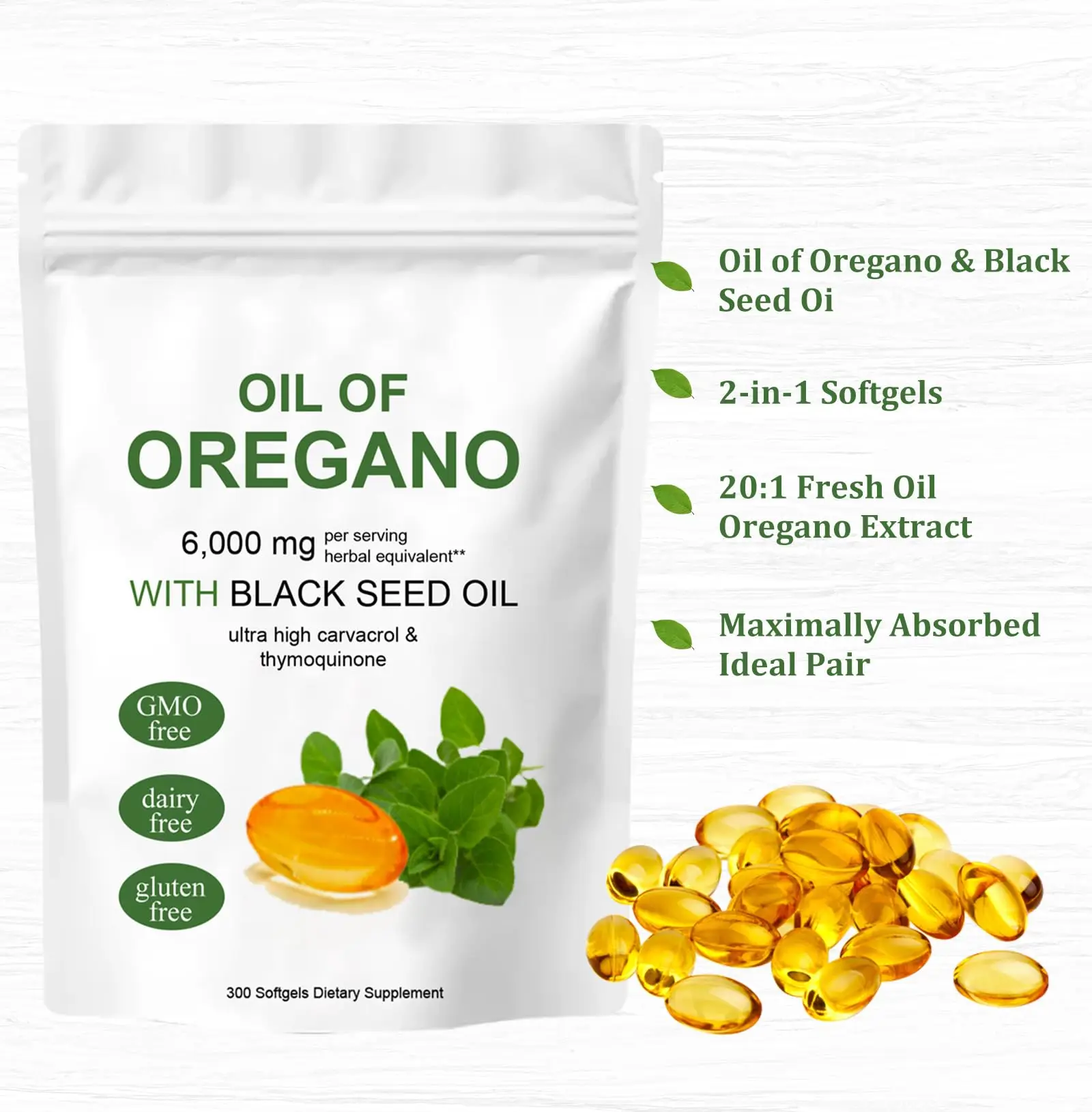 Oil of Oregano Softgels 2 in 1 6000mg Oregano Oil Supplement Capsules with Black Seed Oil 200mg, Non-GMO Gluten Free 300 Capsule