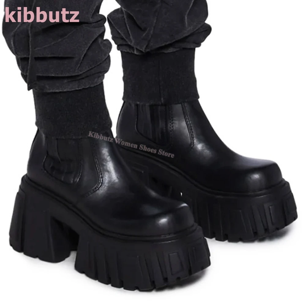 Thick Bottom Motorcycle Ankle Boots Round Toe Genuine Leather Solid Color Black Slip-On Fashion Elegant Concise Women Shoes New