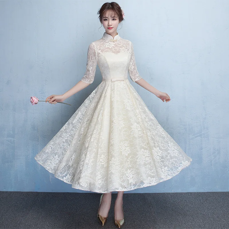 Robe de demoiselle d'honneur chinoise, robe de soirée élégante à manches mi-longues, longue robe de mariée améliorée, Cheongsam, nouvelle collection printemps/été 2025