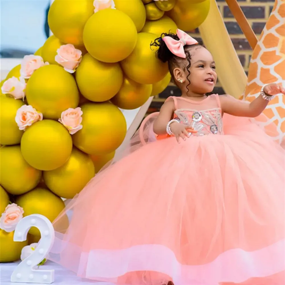 

Luxury Flower Girl Wedding Dress Sleeveless Sequined with Bow Princess Birthday Party Children Bridesmaid Gown Customized