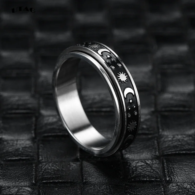 UTAG Stainless Steel Spinner Ring for Women Mens Fidget Band Rings Moon Star Celtic Stress Relieving Wide Wedding Anxiety Rings