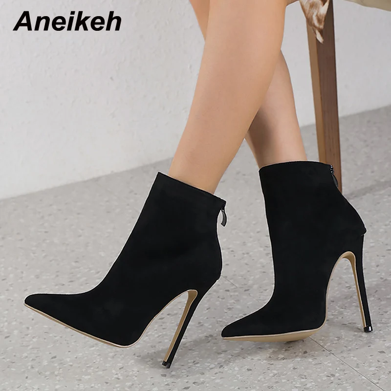 Aneikeh 2024 Winter Women Ankle Boots Sexy Pointed Toe Thin High Heel Concise MATURE Zippers Party Dress Shoes Black Size 35-42