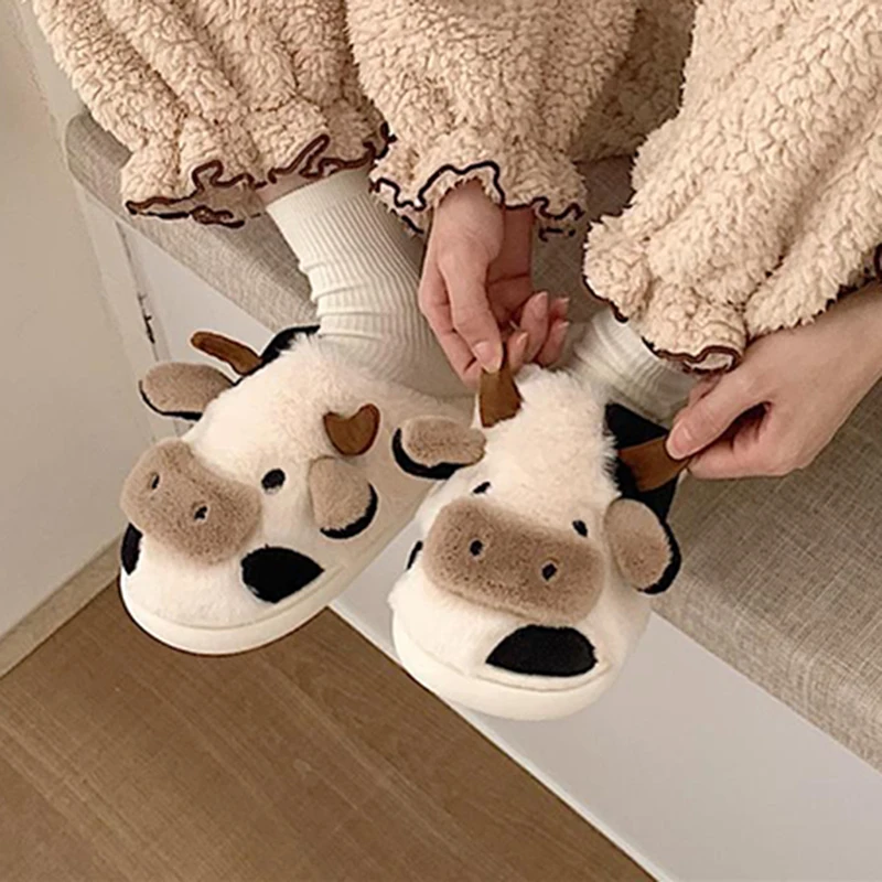 Women's Winter Cartoon Cute Dairy Cow Slippers Warm Home Slides Women's Fluffy Comfy Shoes Flip Flops Slippers Men Women Comfort