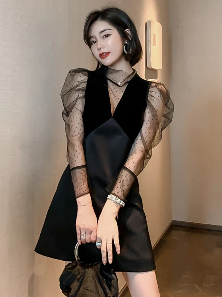 Spring Sexy Fashion Celebrity Dresses for Women 2023 See Through Sheer Tulle Black Mesh Mini Dress Party Club Street Vestidos