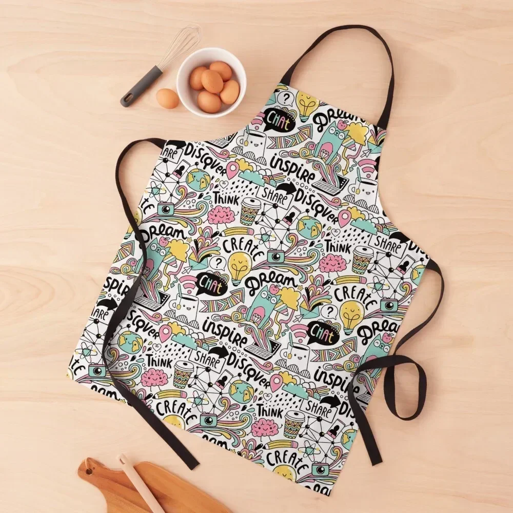 Everyday. Internet and social media doodles. Cat, brain, coffee, pencil creative illustration Apron Men kitchen Apron