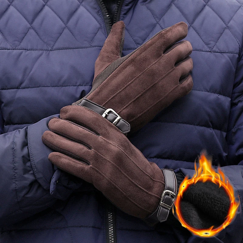 

Man Autumn Winter Suede Plus Velvet Keep Warm Touch Screen Outdoor Sports Gloves Fashion Solid Elasticity Drive Cycling