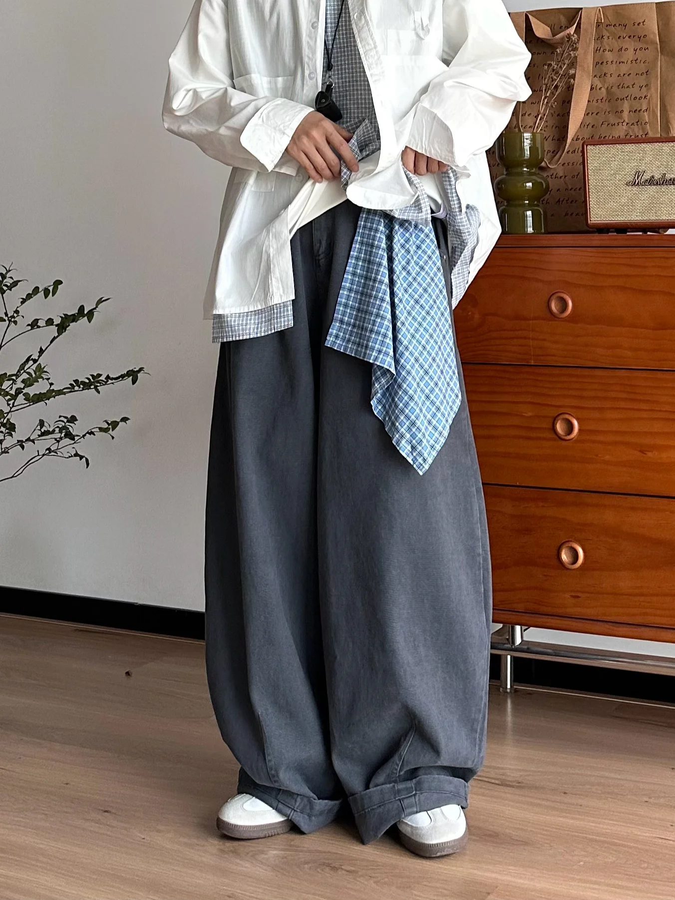 

Retro American High Street Checkered Square Scarf Decorative Washed Cotton Pure Color Neutral Wide Leg Knife Long Pants Trendy