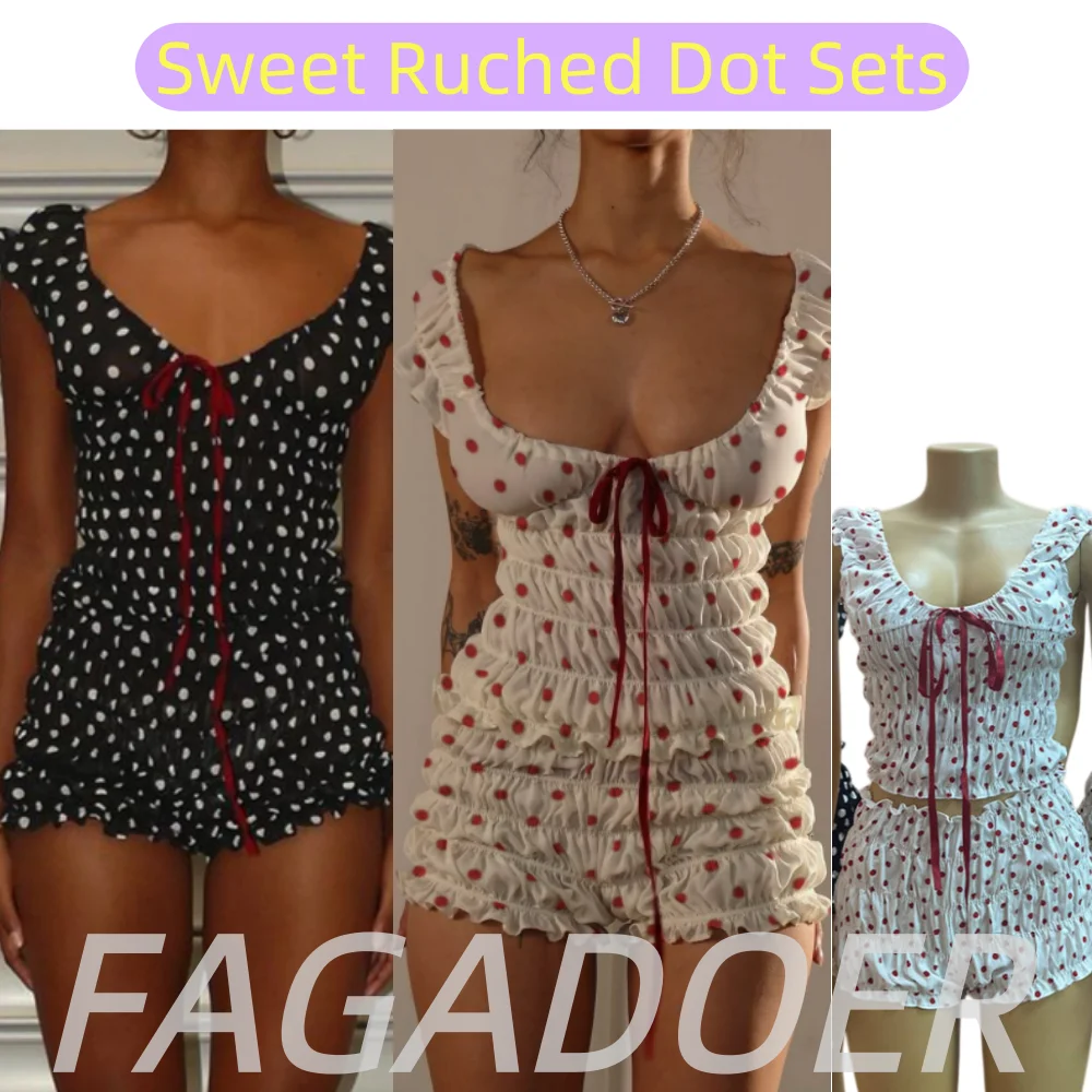 FAGADOER Sweet Polka Dot Print Shorts Two Piece Sets Women's Clothing Lace-up Patchwork Deep V Crop Top + Ruffled Shorts Outfits