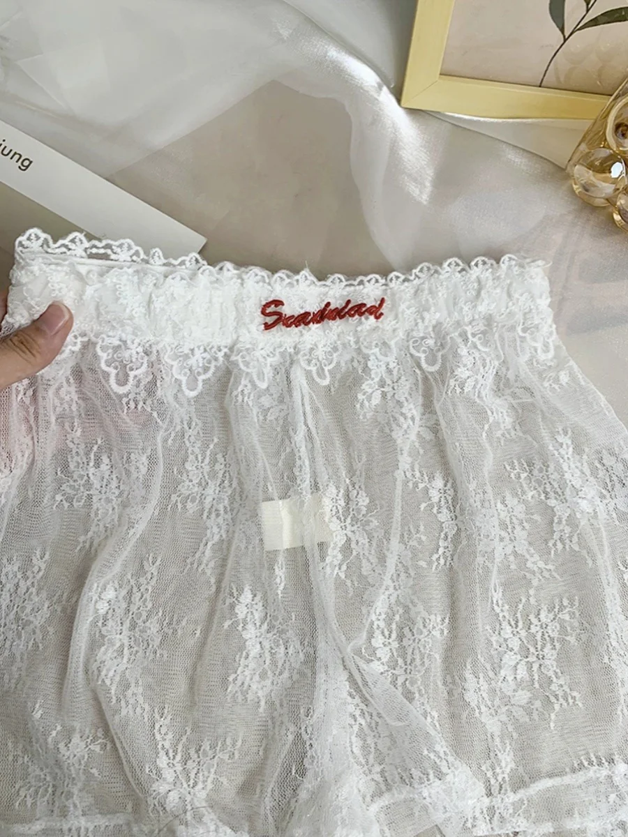 White Letter Embroidery Lace Safety Shorts Women's Bottom Layer Pants Spring Hollow Hook Flower Short Pants Casual Wear