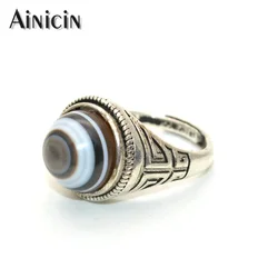 Natural Black Agate Single Eyes Tibetan Dzi Beads Ancient Silver Color Adjustable Finger Rings For Men's Wild Jewelry Gift