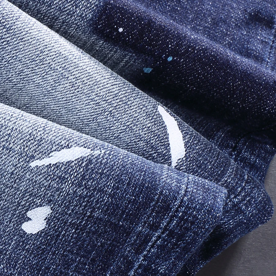 High Street Fashion Men Jeans Retro Blue Stretch Skinny Fit Painted Ripped Jeans Men Vintage Designer Brand Denim Pants Hombre