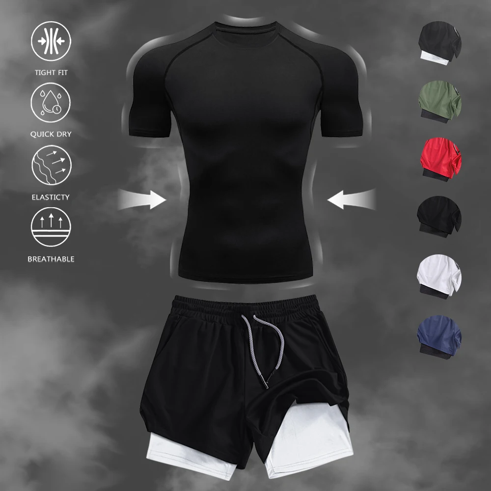 

Men's Solid Color 2PCS Fitness Training Set Quick Dry Compression T-Shirt & Double Layer Running Shorts Gym Athletic Training