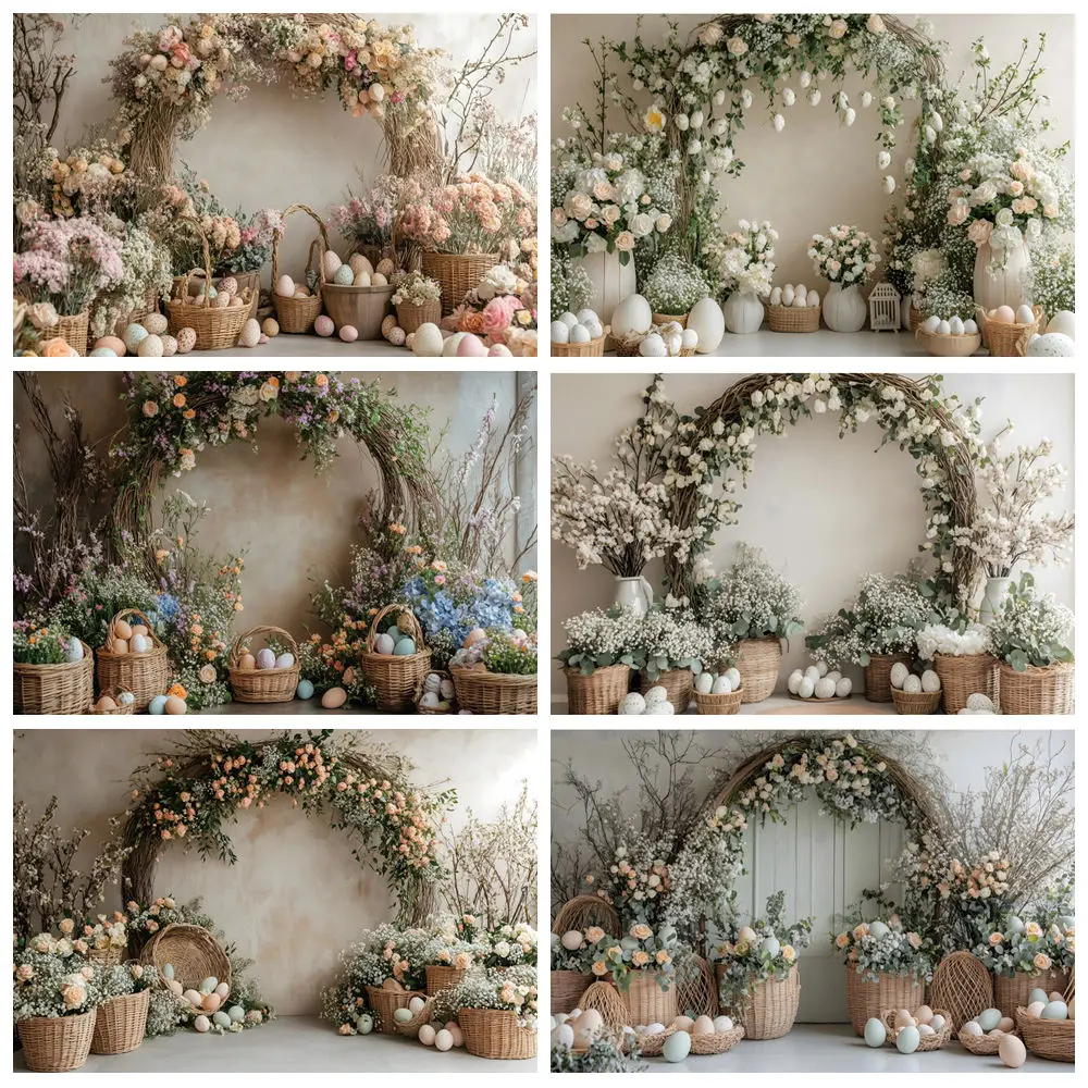 

Spring Easter Backdrop Flower Arch Door Eggs Kids Birthday Party Portrait Decoration Photography Background Photo Studio Props