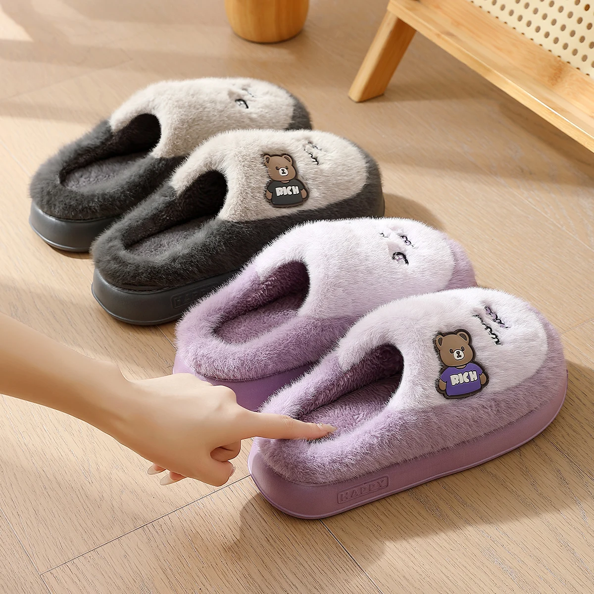 Winter Warm Cartoon Letter Bear Women Furry Slippers Fashion Thick EVA Sole Couple Men Home Cotton Plush Shoes