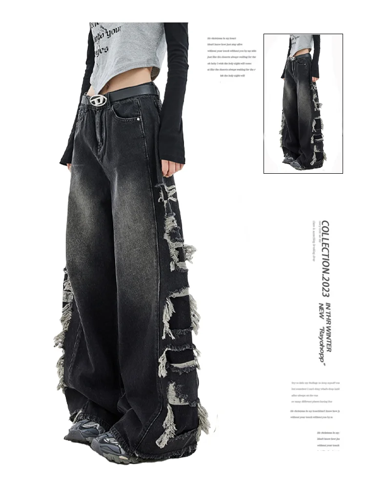 

Women Black Goth Y2k Baggy Ripped Jeans Oversize Denim Trousers Japanese 2000s Style Harajuku Vintage Trashy Emo Jean Pants 2024