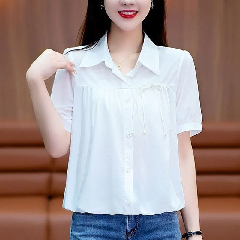 2024 Summer New Solid Color POLO Collar Bow Button Casual Loose Fashion Versatile Short Sleeve Commuter Age Reducing Shirt Top