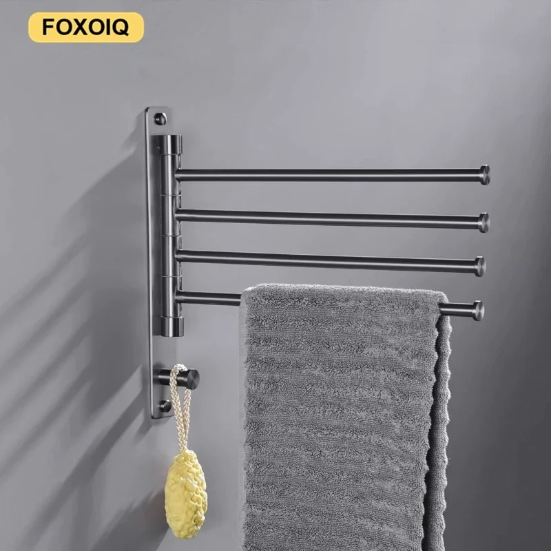 

Gunmetal grey movable towel bar bathroom no-punch rotatable multi-pole folding swinging towel storage shelf