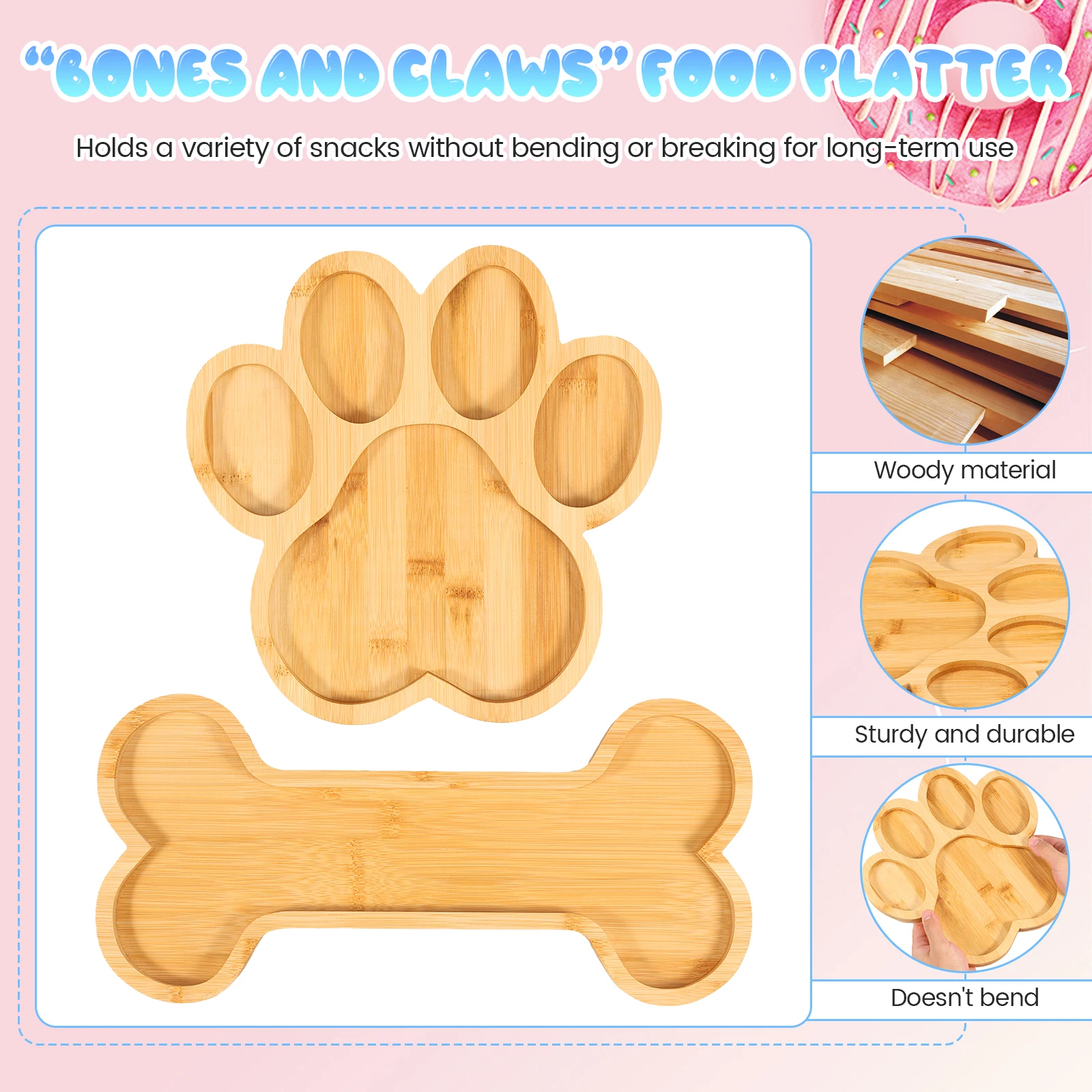 2Pcs Pet Shape Bamboo Tray Robust Deli Plate with 5 Compartments Portable Dessert Tray Easy to Clean Fruits Snack Tray Non