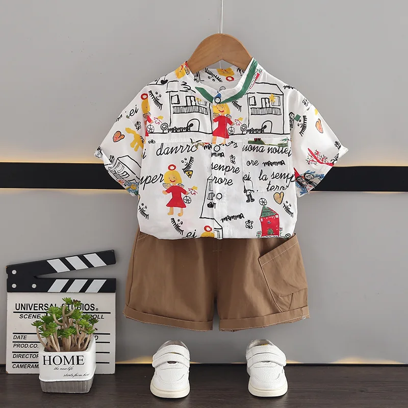 Toddler Boys Outfits Set 2024 New Summer Baby Boy Clothes 1 To 2 Years Leisure Graffiti Letter House Shirts and Shorts Kids Suit