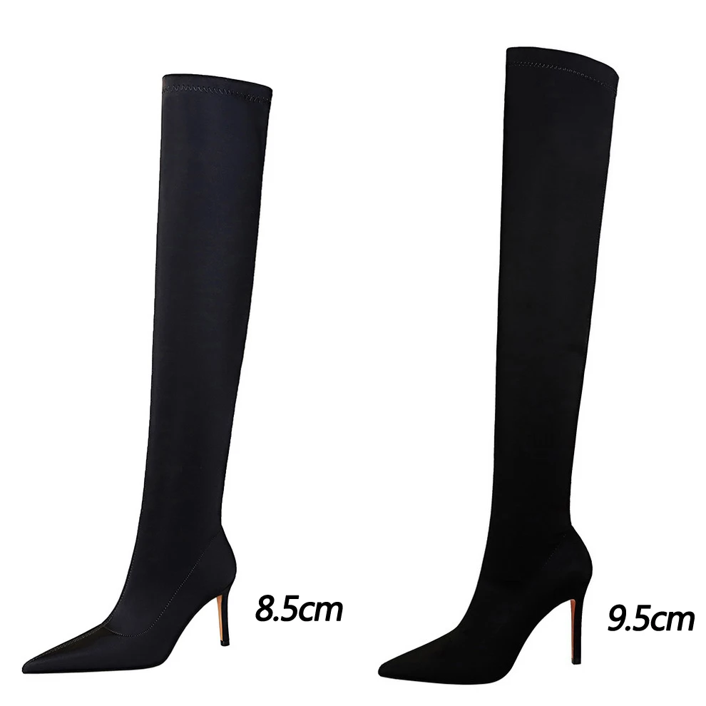 BIGTREE Shoes Women New Over-the-Knee Boots Pointed High-heeled Boots Satin Elastic Boots Sexy Loog Boots Autumn Winter Shoes