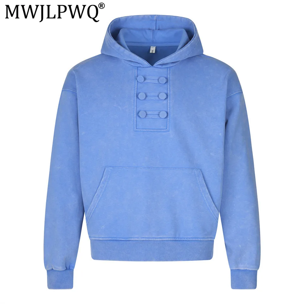 MWJLPWQ Punk-Style Washed Distressed Hooded Sweatshirt For Men Spring Autumn Button Trendy Design Unique Pullover Tops 20609