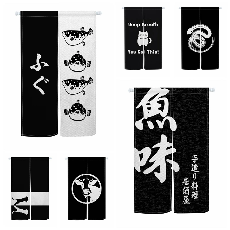 Japanese Noren Door Curtains Puffer Cat Cow Izakaya Dining Room Partition Linen Doorway Curtains Kitchen Entrance Half Curtains