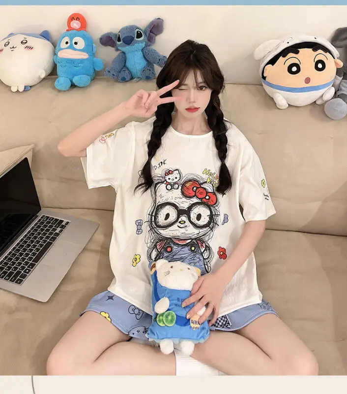 conjunto-de-pijama-de-algodao-kawaii-kt-hello-kitty-para-o-verao-camiseta-de-manga-curta-e-calcas-curtas-roupa-de-casa-anime-para-meninas