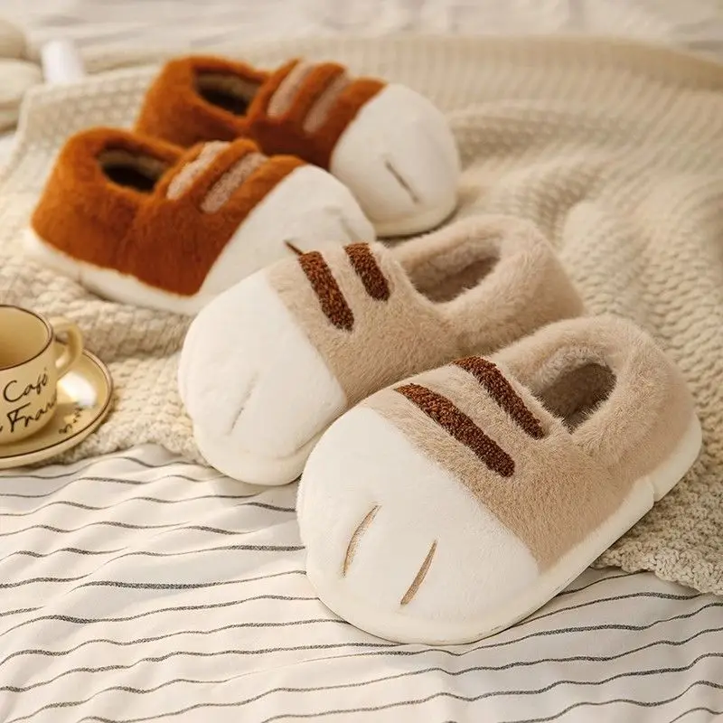 Cuddly cat paw slippers women's winter fluffy indoor home shoes woman warm animal claw slippers unisex furry slides shoes loafer image 2