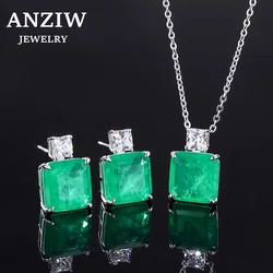 Vintage Simulated Emerald Square Stud Earrings 10*10mm Gemstone Pendant Necklace Silver 925 Plated Copper Women's Jewelry Gift