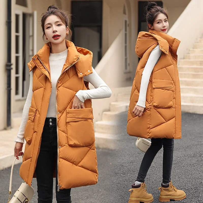 Autumn Winter Mid-length Vest Sleeveless Cotton Jacket Hooded Cardigan Slim Large Size Waistcoat Warm Coats Streetwear Chic Tops