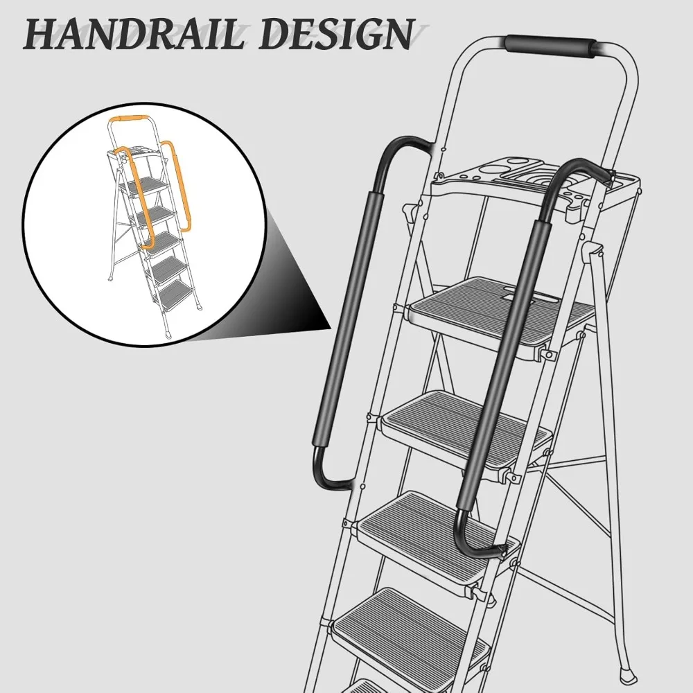 folding 5-step ladder with handrails and tray, 330 lbs capacity, portable steel stool