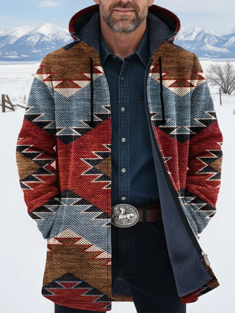 

Vintage Aztec 3D Printed Plush Thick Long-Sleeved Cardigan Coat Men's Thick Warm Jacket