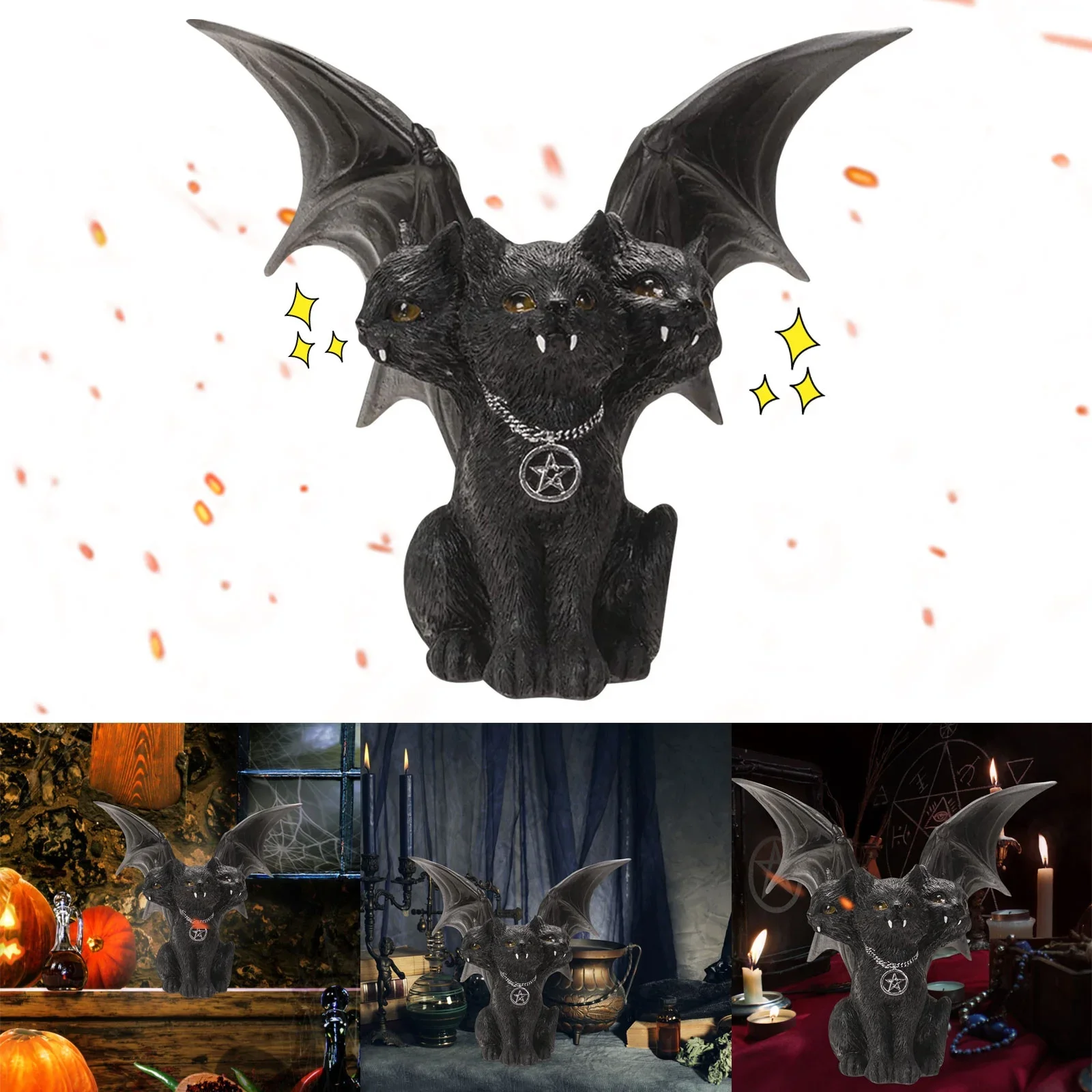 Creative Dark Wind Bat Wings Three Headed Cat Ornament Home Desktop Ornament Gift