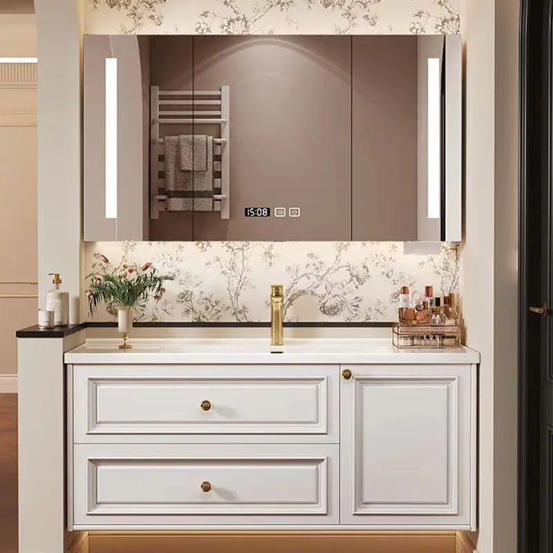 

Retro integrated ceramic basin, bathroom cabinet, oak washstand, smart bathroom, face wash basin cabinet combination
