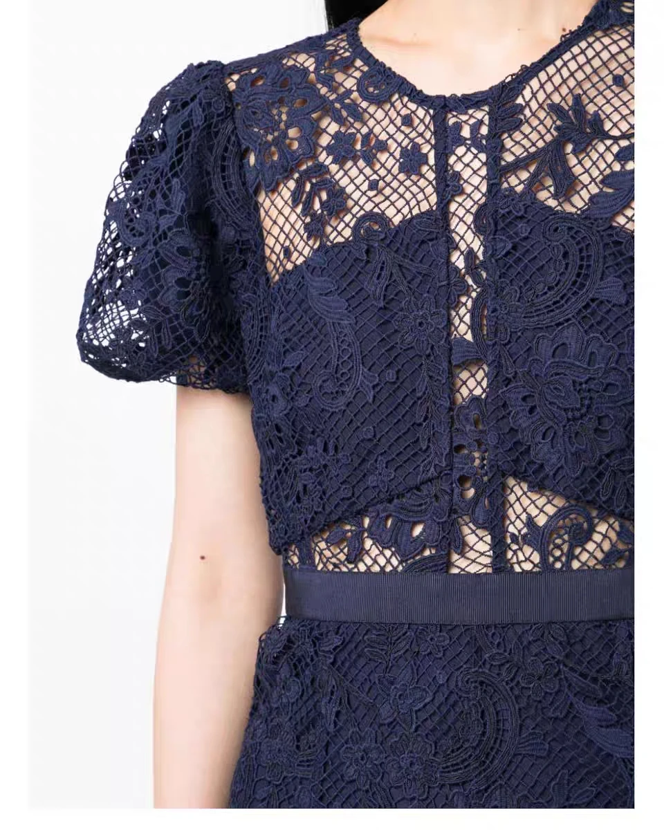 Women lace embroidery midi dress Puff Sleeve Navy Blue Hollow Out long Dress