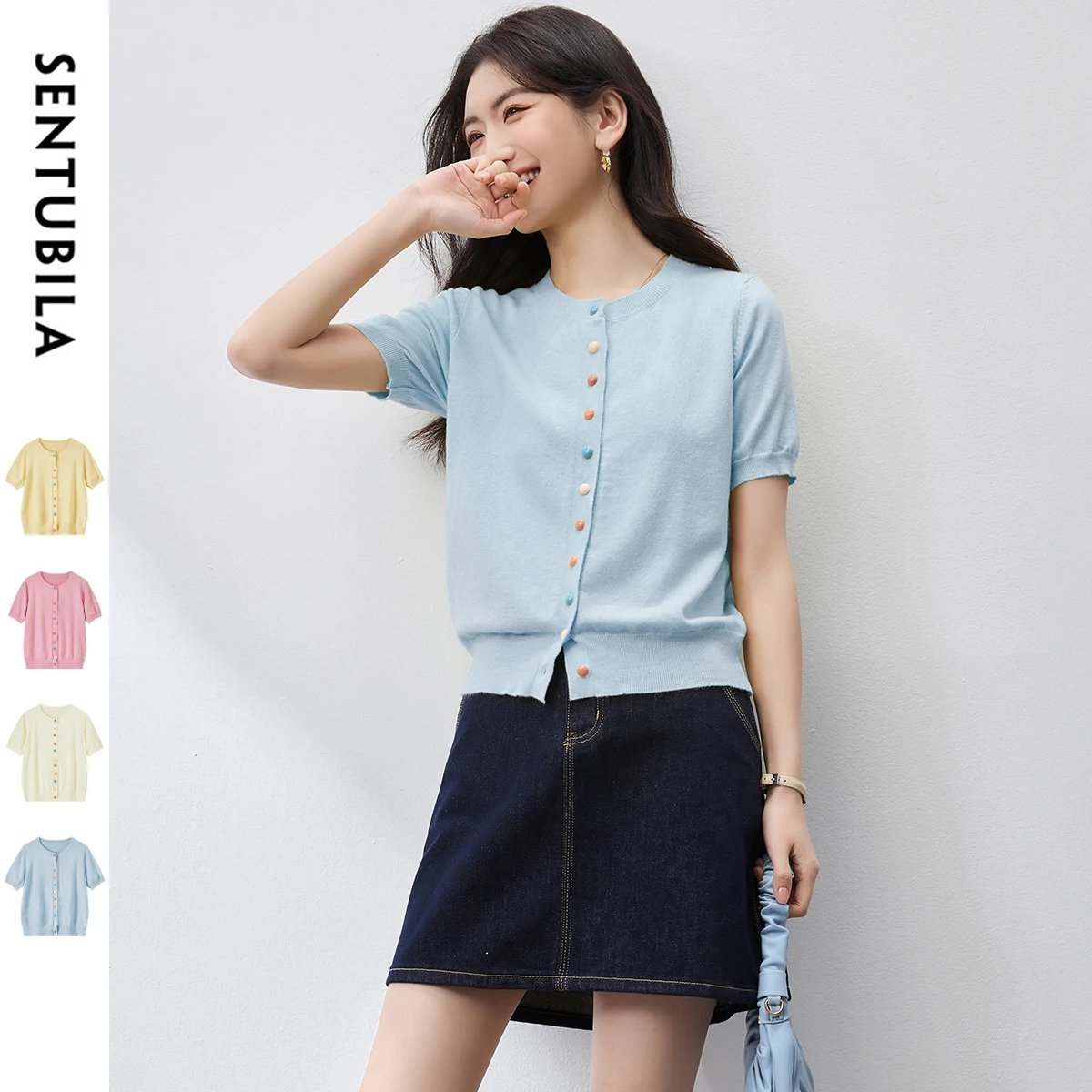 

SENTUBILA Knitted Cardigan For Women 2025 Spring Loose Commute Comfortable Soft O Neck Short Sleeve Sweater Outdoor W52H80566