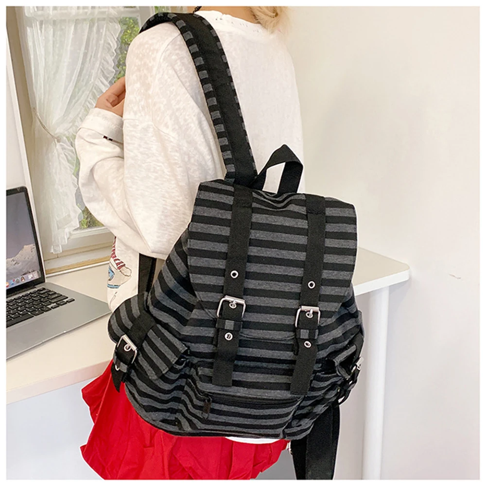 High Quality Korean Style Retro  Backpacks Drawstring Design Flat Stripe Bookbags Large Capacity Soft Tote Bags Unisex