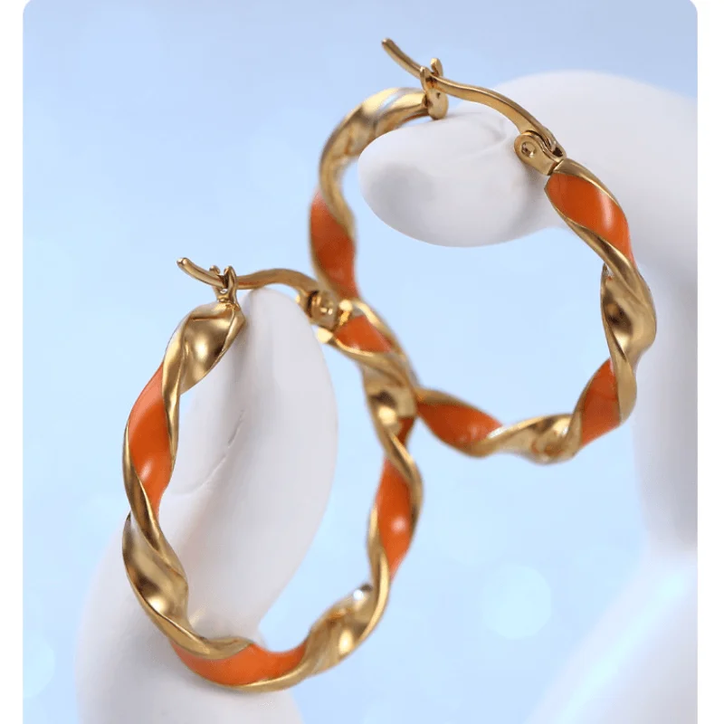 Stainless Steel Chic Hoop Earring Women Girl Pink Orange Twist Round Earrings for Teens Lovers Hypoallergenic Ear Jewelry Gifts