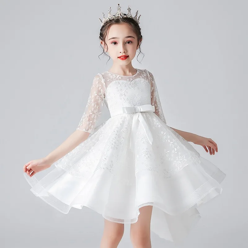 3-14 Years Girls Short Front Long Back Dress White Bow Layers Princess Kids Vestido 3 4 5 6 8 10 12 Years Kids Clothes