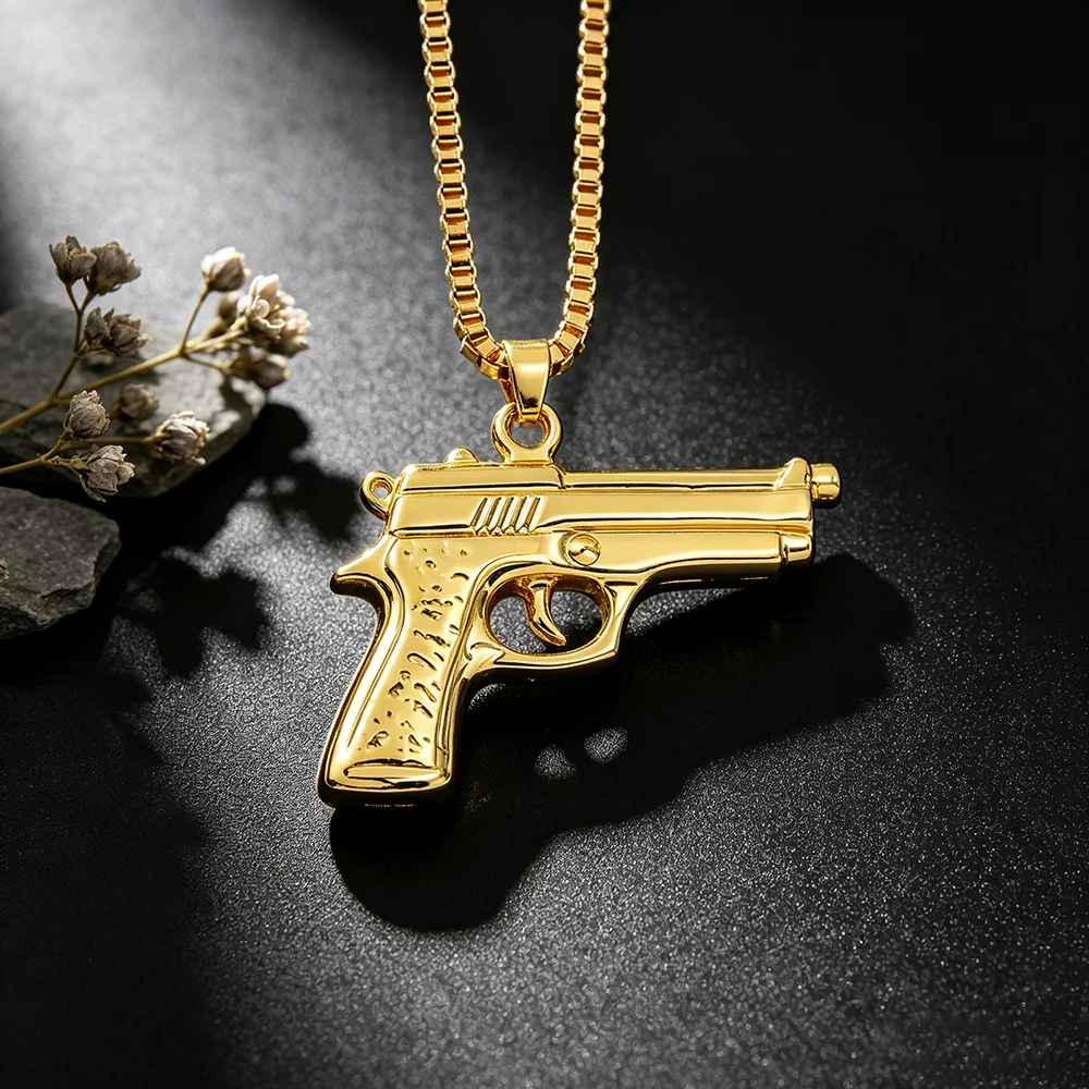 Gold Plated Pistol Shape Pendant Necklace, Box Chain Hip Hop Gun Charm Necklace for Men Women Punk Jewelry Gift