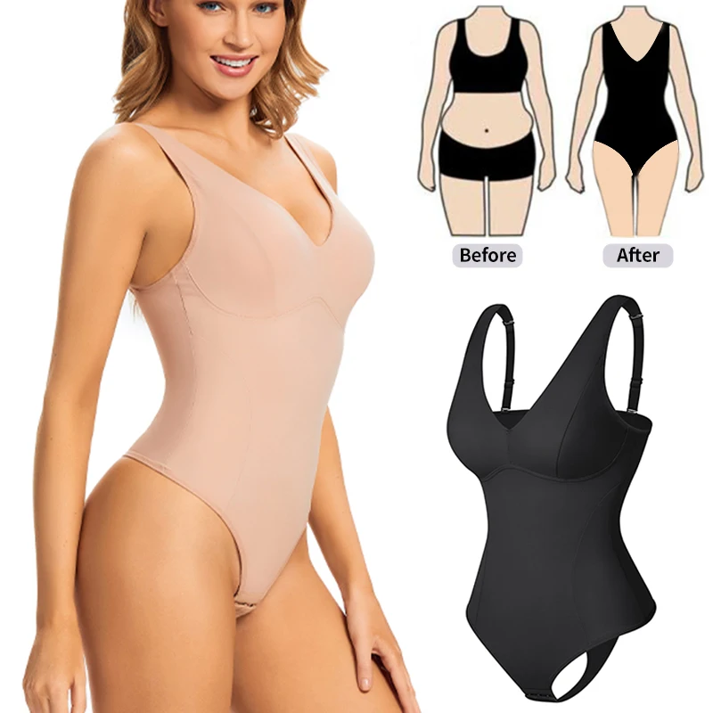 

Thongs Bodysuit Shapewear Women Sexy V Neck Padded Body Shaper Tummy Control Underwear Flat Belly Postpartum Sheath Fajas