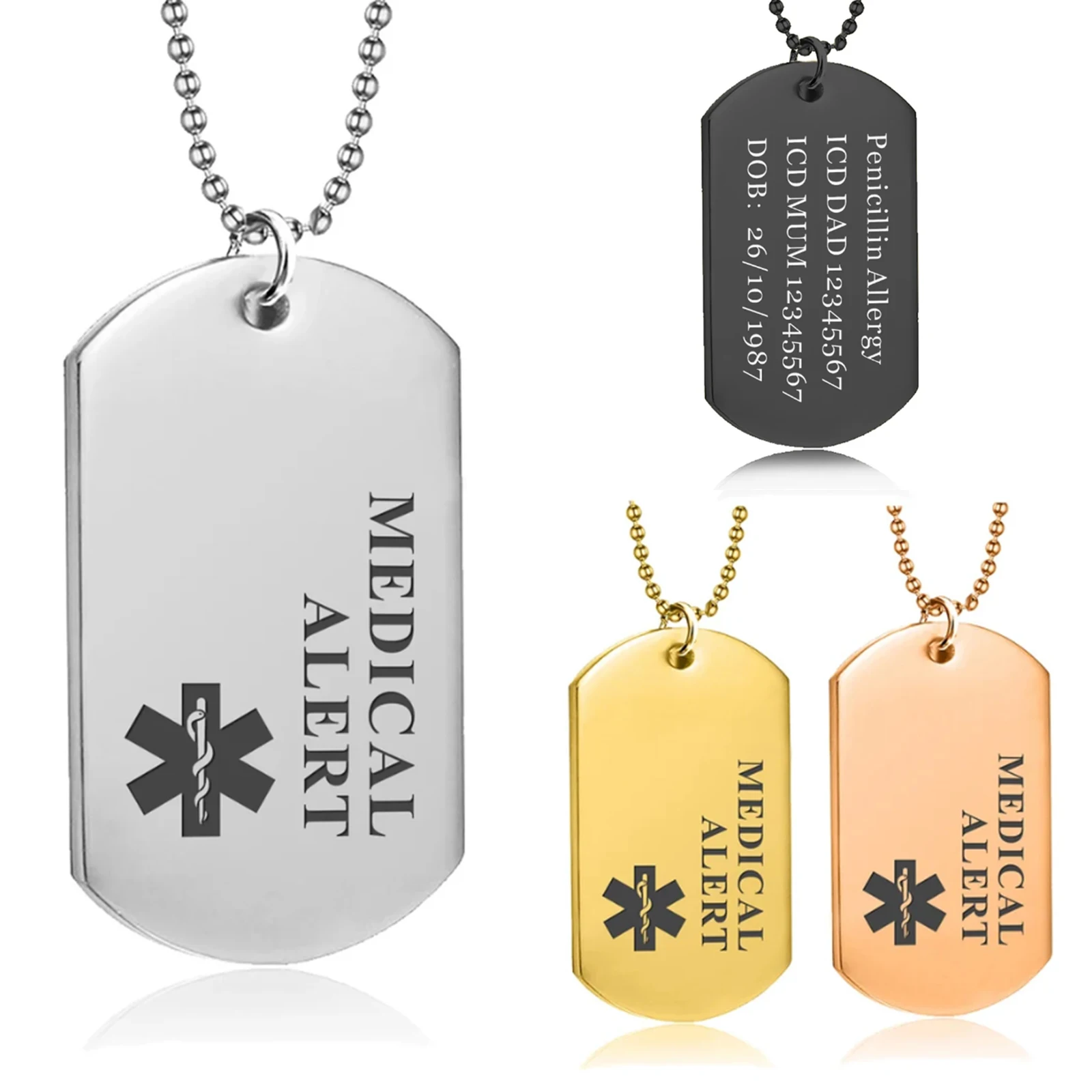 Collier d'alerte médicale personnalisé, alarme SOS, étiquette métallique pour hommes et femmes, pendentif d'allergie médicale gravé, bijoux d'identification médicale