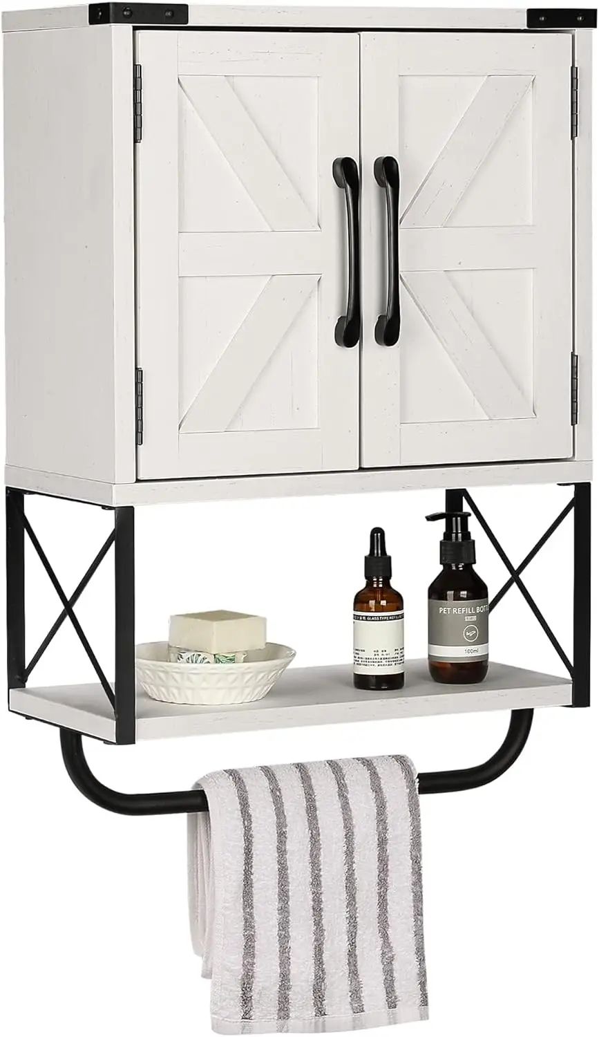 Farmhouse Rustic Medicine Cabinet with Two Barn  Wall Mounted Storage Cabinet with Adjustable Shelf and Towel Bar, 3-Tier