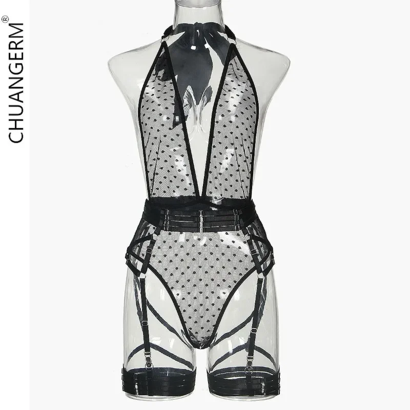 

CHUANGERM Women Sexy Lace Suspender Fashion Polka Dot Net Yarn Deep V Tie Hanging Neck Bodysuit Sexy Back Five Piece Set Female