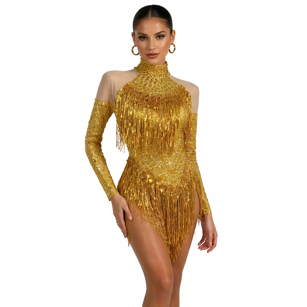 

sparkling long sleeves crystal tassel bodysuits women night club dancer leotard carnival stage performance one piece jumpsuit