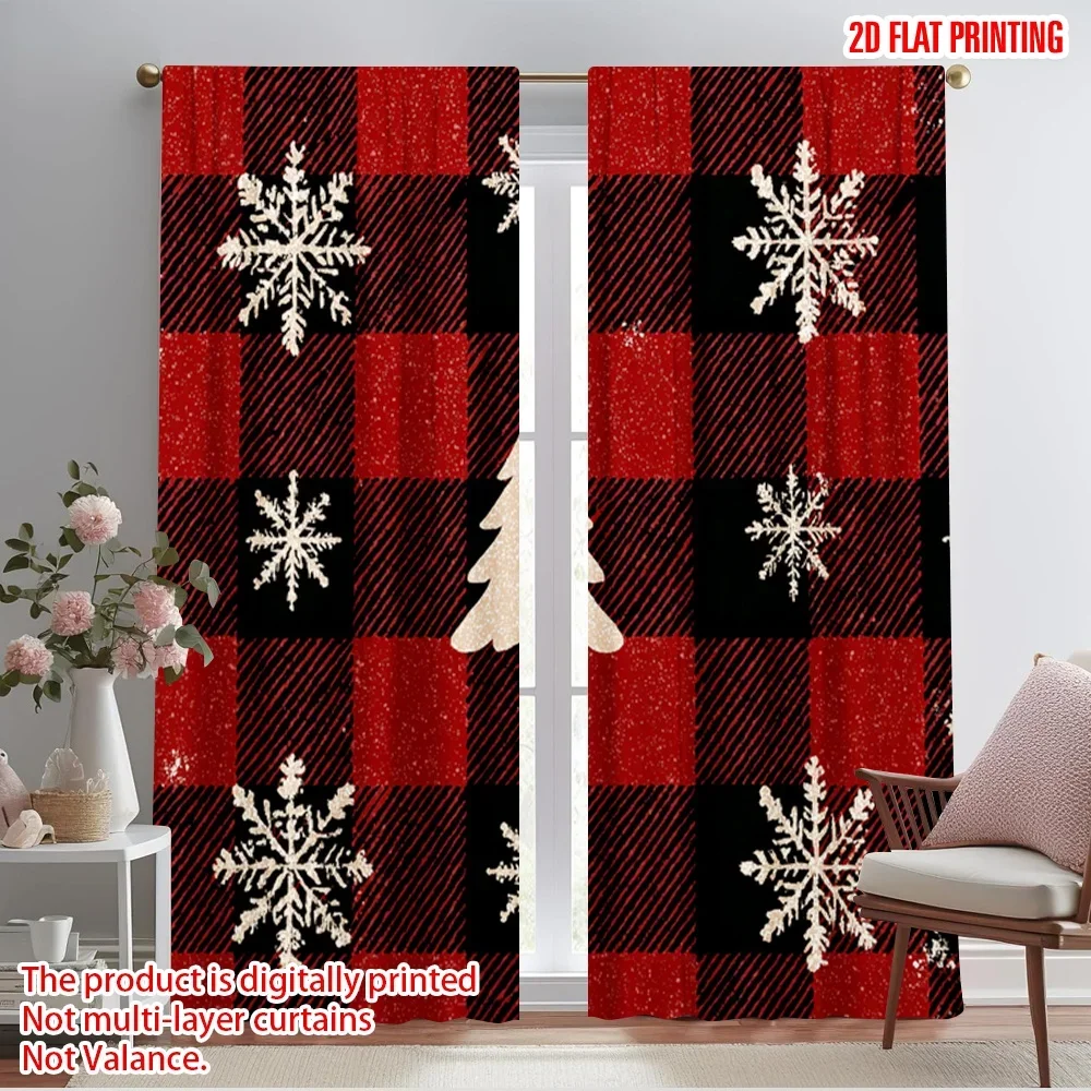 2pcs,2D plane printing Window Curtain Snowflake Scottish plaid Durable 100% Polyester Fabric (without rod) Decorations For Home