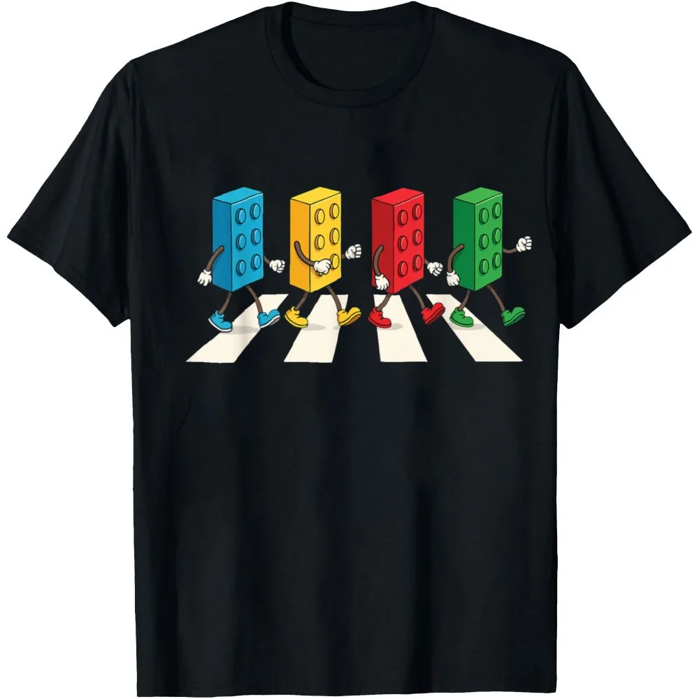 Building Blocks Abbey Road Parodie-Grafik-T-Shirt, bunter Brick Walking Crosswalk-Aufdruck, Unisex-Kurzarm-T-Shirt