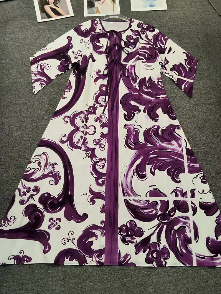 Robe d'été rétro à imprimé géométrique pour femmes, col rond, cravate découpée, jupe bouffante ample irrégulière à la mode, 2025