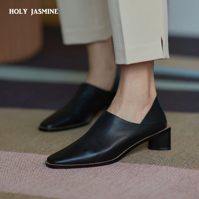 2022 Spring Summer Arrive Dress Office Shoes Women Pumps Genuine Leather Shoes Square Toe High Heels Single Shoes Heels Women